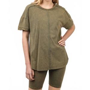 NEW VERY J washed stretchy knit activewear top & shorts in olive